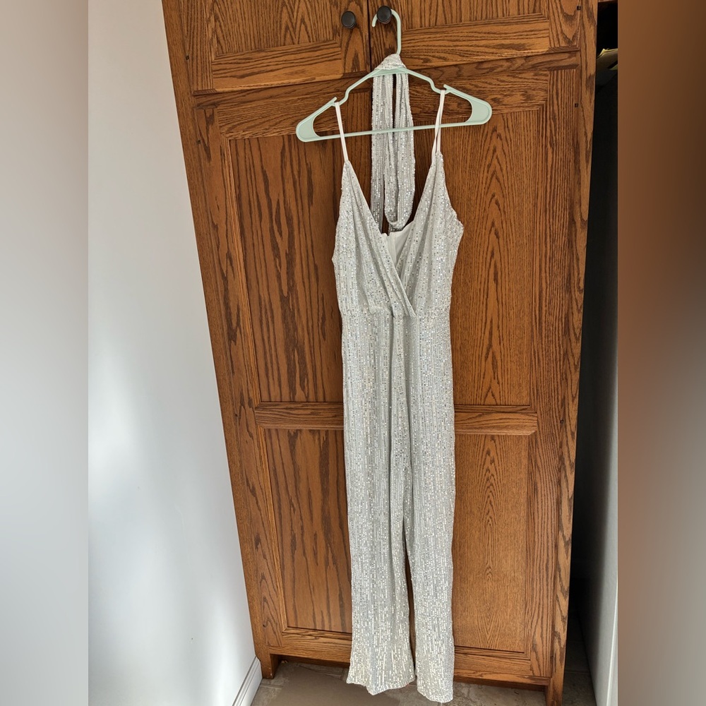 Silver/White Sequin Jumpsuit